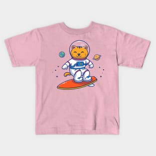 Cute Cat Astronaut Surfing In Space Cartoon Kids T-Shirt